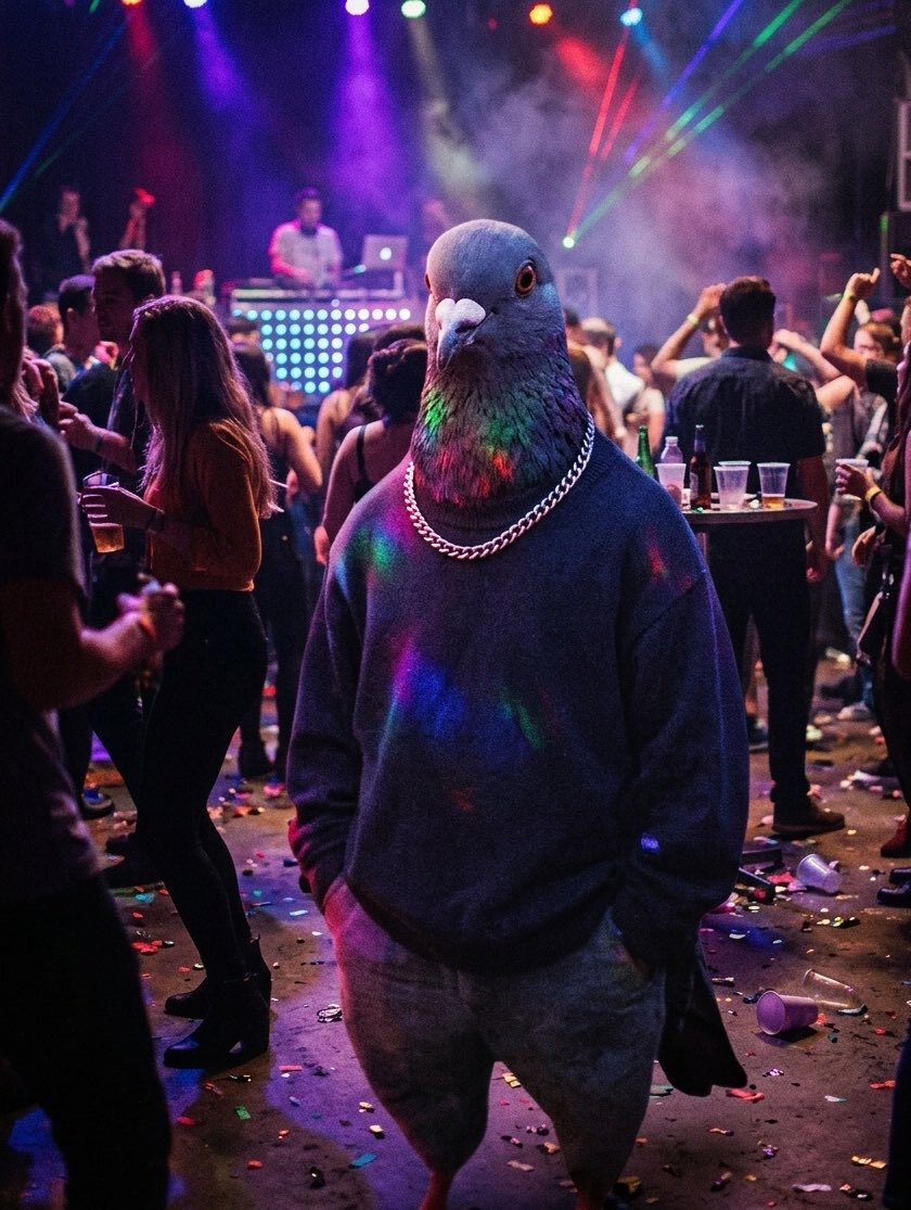Pigeon walking calmly through a packed neon nightclub