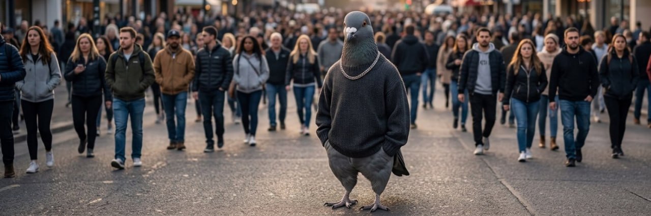 The chill pigeon standing perfectly still as a crowd rushes past in both directions