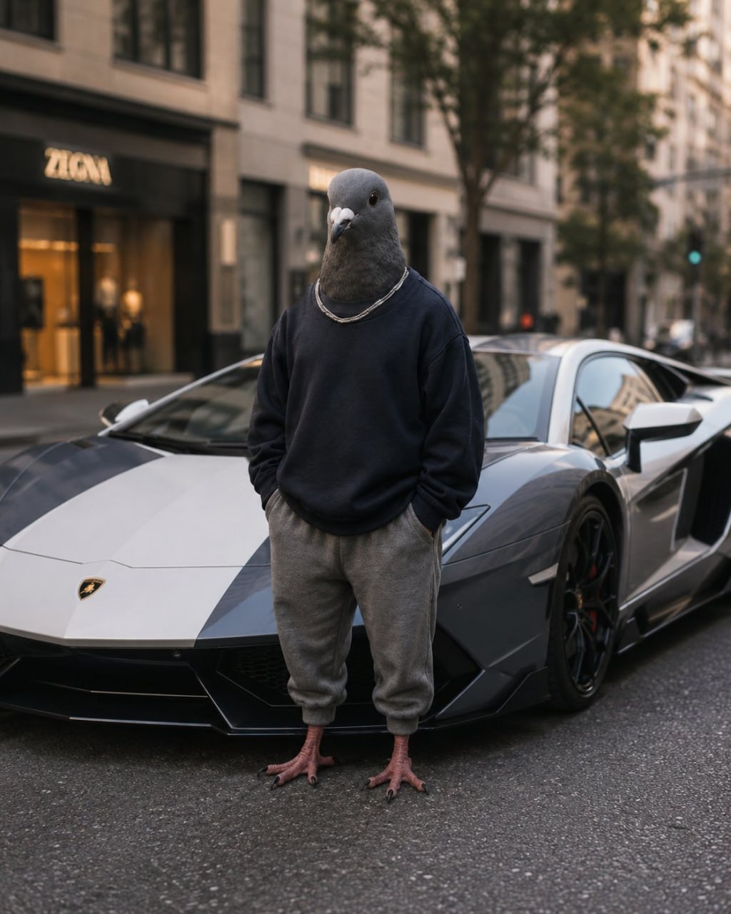 Pigeon in a sweater and grey sweatpants leaning on a silver Lamborghini outside a luxury boutique