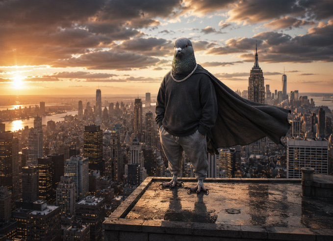 Caped pigeon surveying the city skyline from a rooftop at golden hour